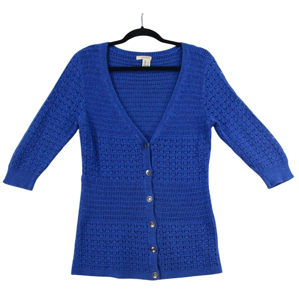 DKNY Jeans Royal Blue Pointelle Open Knit Button Front Cardigan Sweater Large